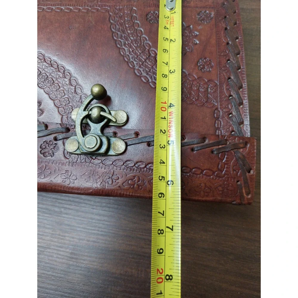 Embossed Leather Journal Handmade Paper Brass Clasp Brown Diary 6x8